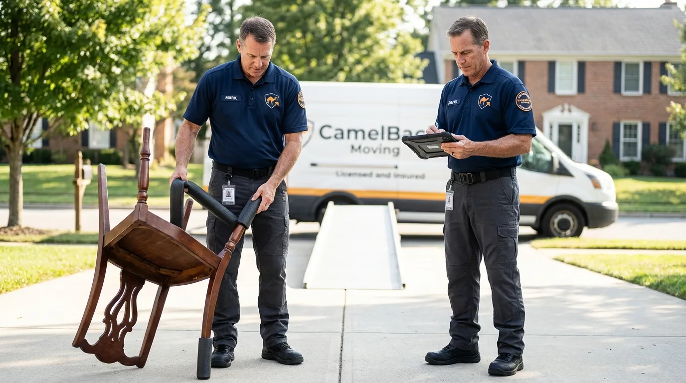 Movers inspecting furniture for damage prevention before loading in Lynnwood, WA