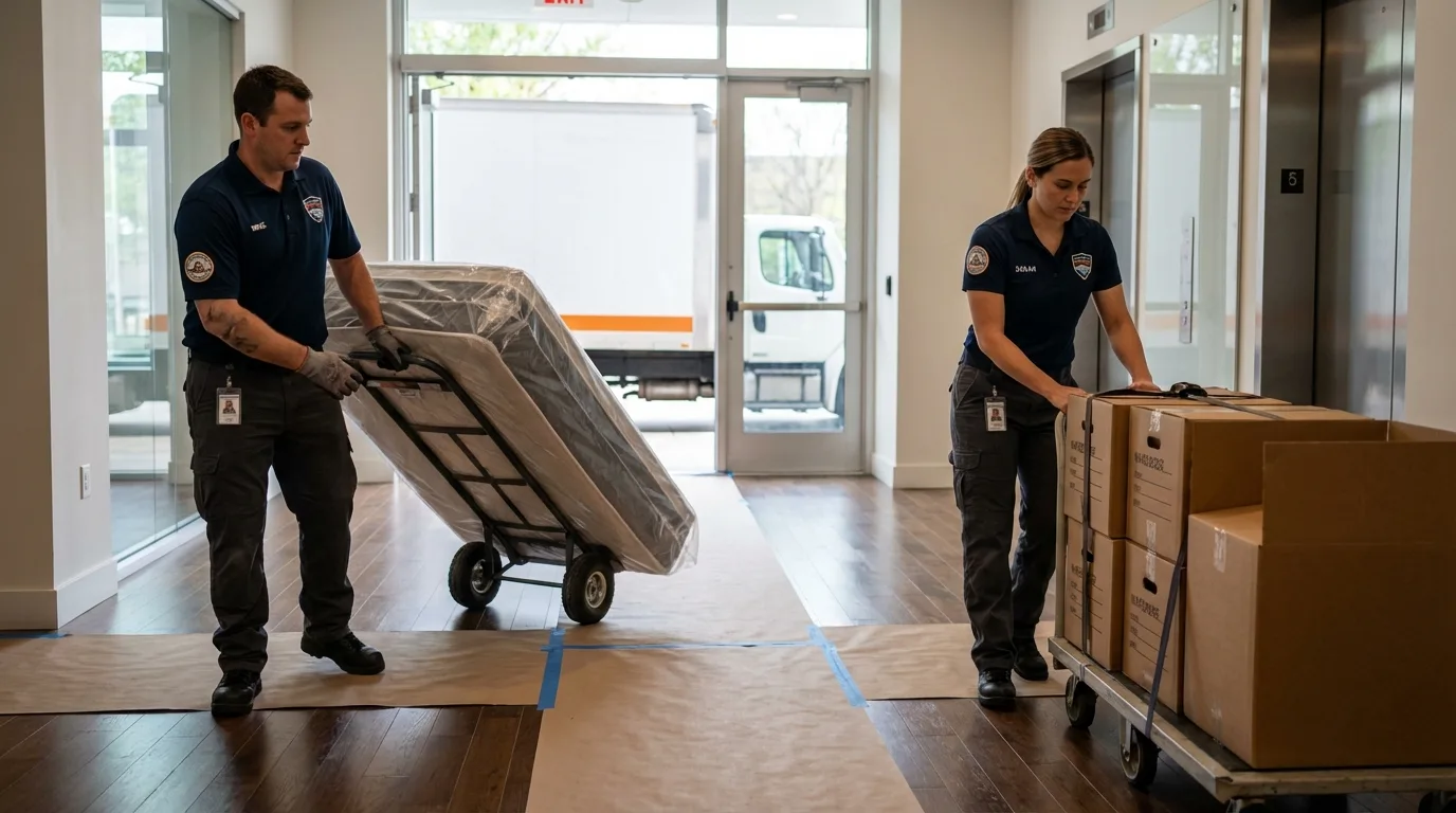 Professional apartment movers loading elevator in Lynnwood, WA