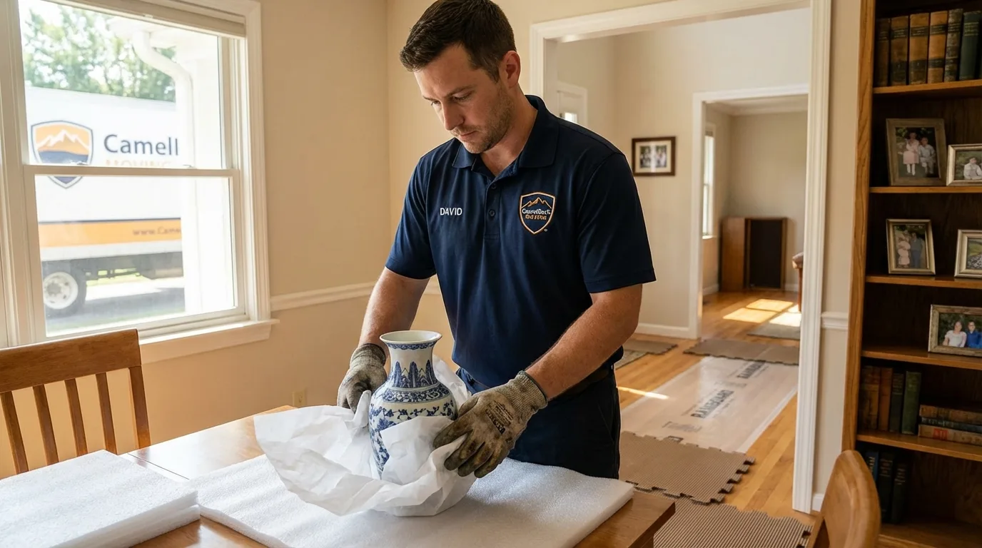 Professional crew carefully wrapping antique vase for senior downsizing move in Lynnwood, WA